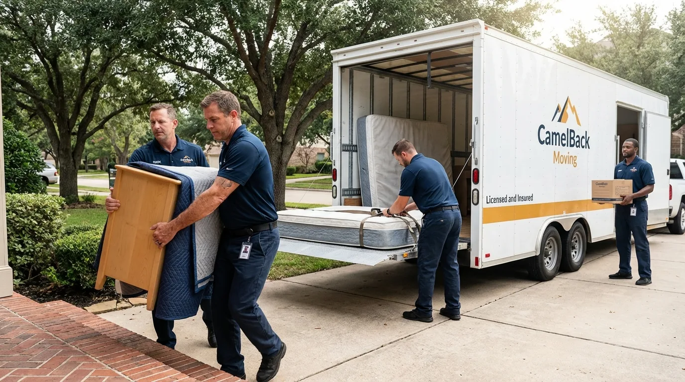Crew loading residential truck for cross-state move from Hayward, CA