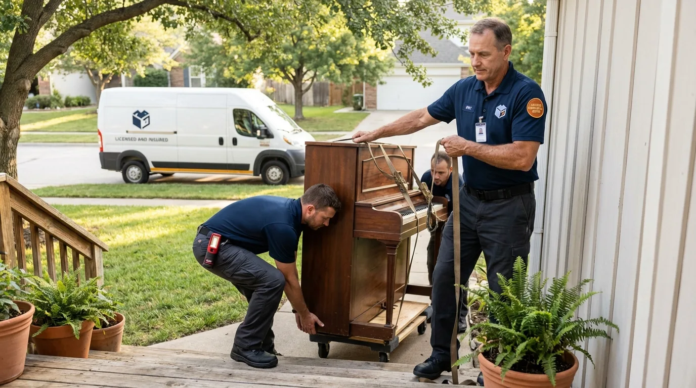 Licensed piano movers securing grand piano in Hayward, CA