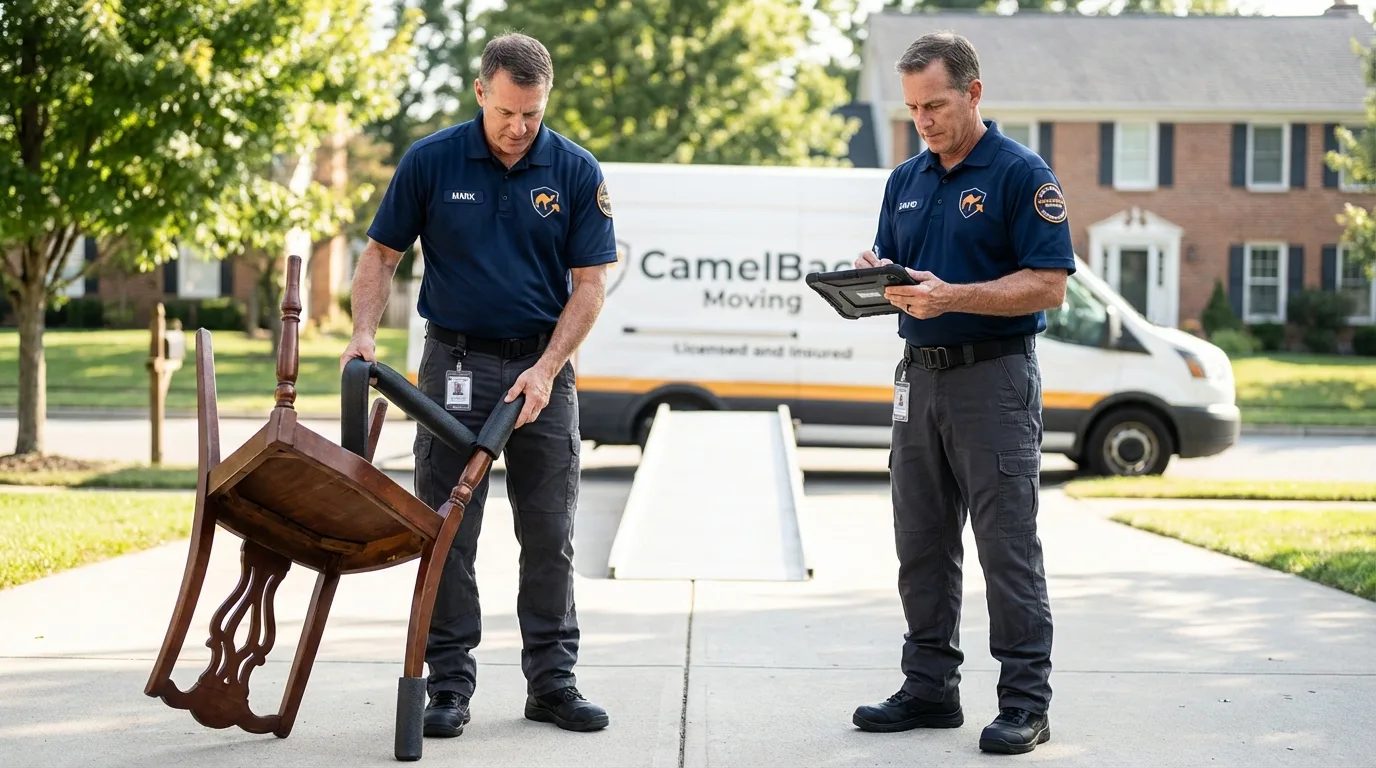 Movers inspecting furniture for damage prevention before loading in Hayward, CA