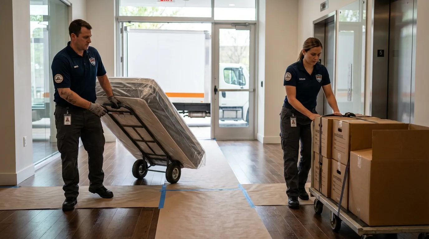 Professional apartment movers loading elevator in Hayward, CA